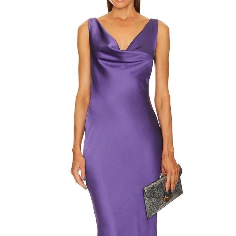 NWT Norma Kamali Maria Dress Purple Satin Cowl Neck Midi ST2233CB782108 Small‎